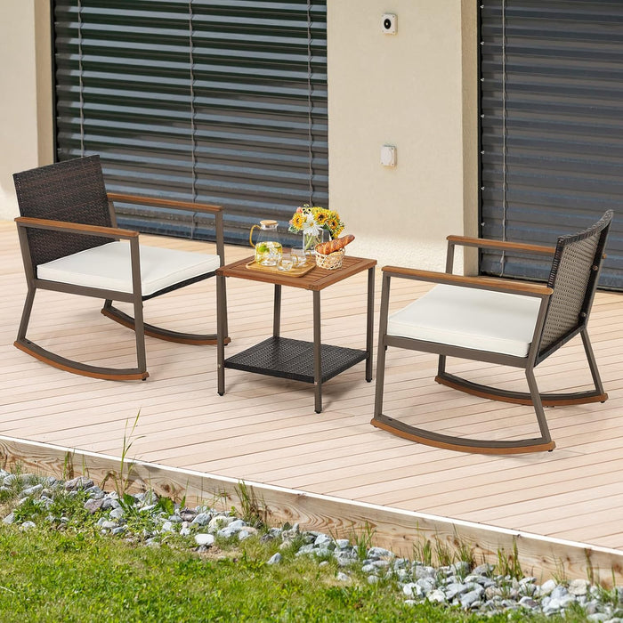 Simenmax 3-Piece Wicker Rocking Chair Outdoor Bistro Set with Beige Cushion, Wood Top Table for Porches and Balcony
