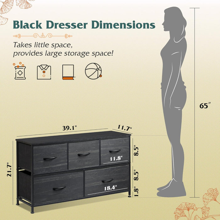 Simenmax 5 Dresser for Bedroom, 5 Storage Drawers, Wide Fabric Closet Chests Organizer Tower Furniture with Wooden Top Metal Frame for Clothes, Room, Living Room, Hallway, Entryway, Black Wood