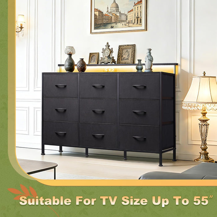 Bigleap LED TV Stand 9-Drawer Dresser Charging Station, Entertainment Center for Bedroom or Living Room, Wood Top Media Console with Fabric Drawers for 45-55 Inch TV, Black