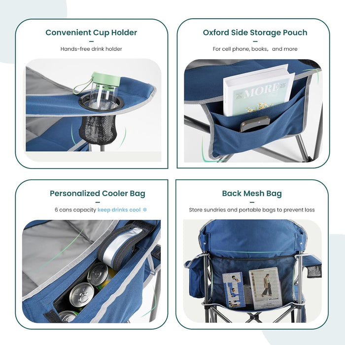Simenmax Camping Folding Chair, Heavy Duty Padded Chair with Cup Holder Storage and Cooler Bag,Blue Gray