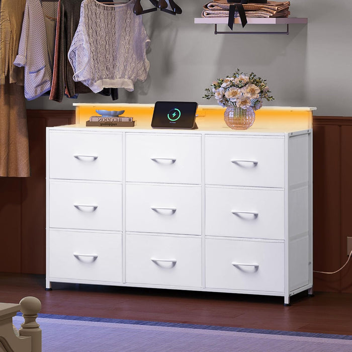 Bigleap LED TV Stand 9-Drawer Dresser Charging Station, Entertainment Center for Bedroom or Living Room, Wood Top Media Console with Fabric Drawers for 45-55 Inch TV, White