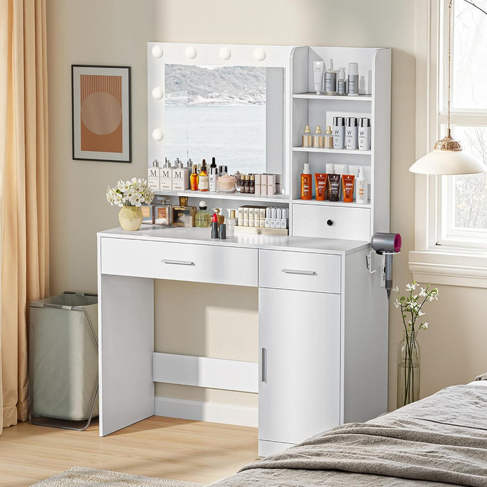 Bigleap Vanity with Mirror and 11 LED Lights, Makeup Vanity Desk with 3 Drawer, 4 Shelves, 1 Cabinet, Dressing Table for Bedroom, White