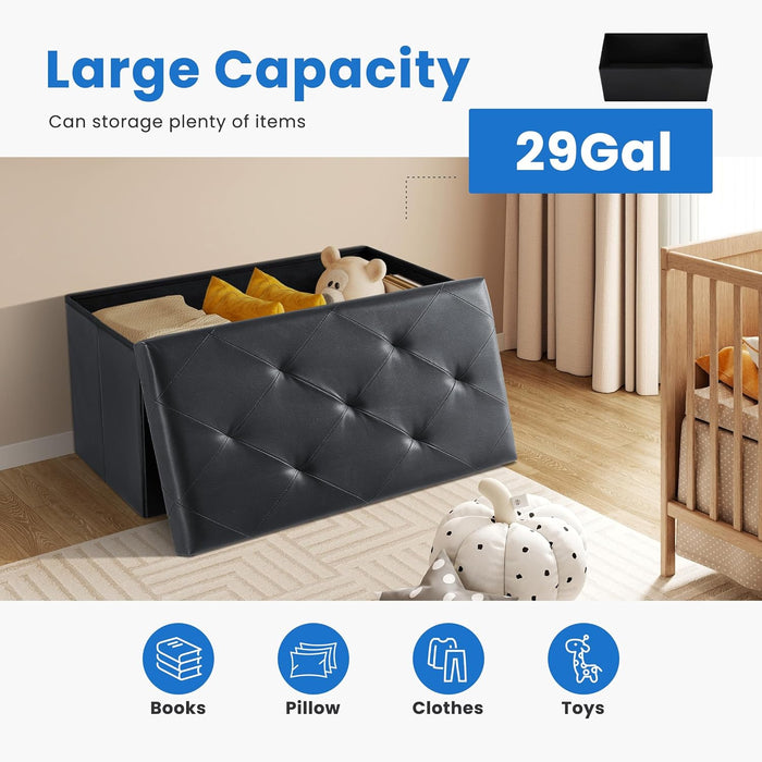 Simenmax Versatile Ottoman Storage Bench, 30" Wide Folding Footrest Stool, PVC Fabric Chest for Living Room, Bedroom, Entryway,Black
