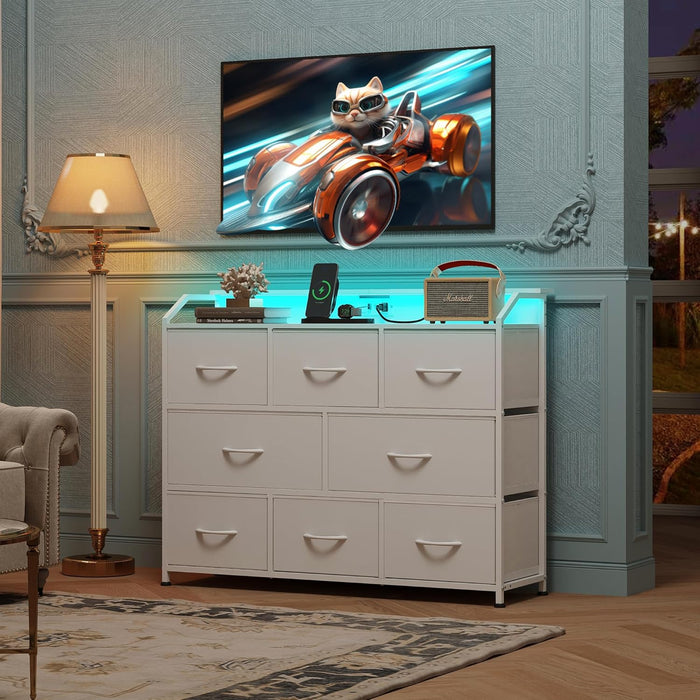 Bigleap LED TV Stand 8-Drawer Dresser with Charging Station, Fabric Chest of Drawers for Bedroom, Living Room, Hallway & Entryway, White
