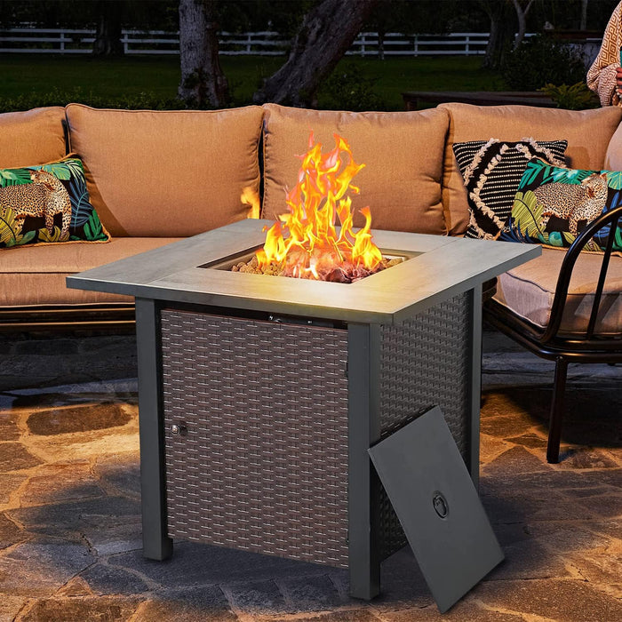 WOod-it Propane Fire Pit Table, 30 Inch 50,000 BTU Square Outdoor Gas Firepit with Porcelain Tile Tabletop, Lid, Lava Rocks for Garden, Patio, Deck