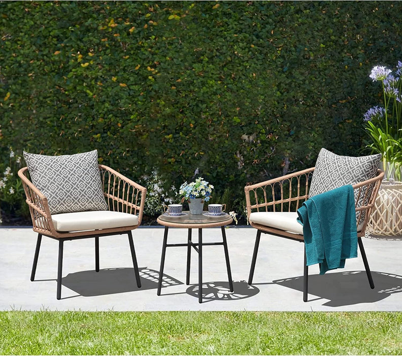 3 Piece Patio Bar Set with Glass Top Table & 2 Stools, Outdoor Furniture Wicker Bar Set with 2 Storage Shelves & Removable Beige Cushion for Balcony Backyards Porches Poolside