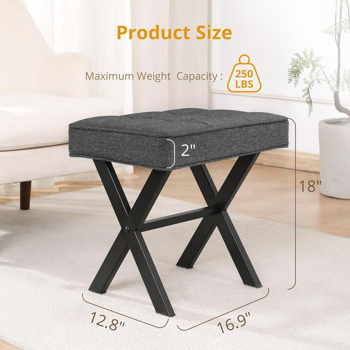 Bigleap Square Ottoman Stool - Gray Linen Footrest, Vanity Stool with Metal Legs, Small Space-Saving Seat for Living Room, Bedroom & Entryway