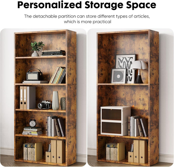 Simenmax 5-Tier Bookshelf, 53" Tall Floor-Standing Bookcase Display Storage Shelves for Home Office, Living Room, Bedroom, Brown