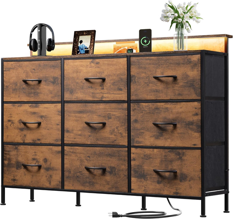 Bigleap LED TV Stand 9-Drawer Dresser Charging Station, Entertainment Center for Bedroom or Living Room, Wood Top Media Console with Fabric Drawers for 45-55 Inch TV, Brown