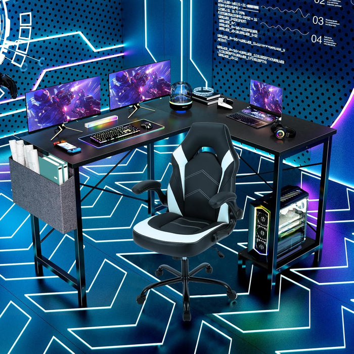 Bigleap L Shaped Computer Desk - Gaming Table Corner Desk 50 Inch PC White Writing Desk Study Desks with Wooden Desktop CPU Stand Side Bag Reversible for Home Office Room Small Space，Black