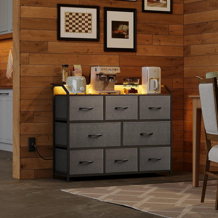 Bigleap LED TV Stand 8-Drawer Dresser with Charging Station, Fabric Chest of Drawers for Bedroom, Living Room, Hallway & Entryway, Gray