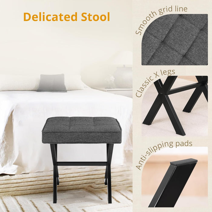 Bigleap Square Ottoman Stool - Gray Linen Footrest, Vanity Stool with Metal Legs, Small Space-Saving Seat for Living Room, Bedroom & Entryway