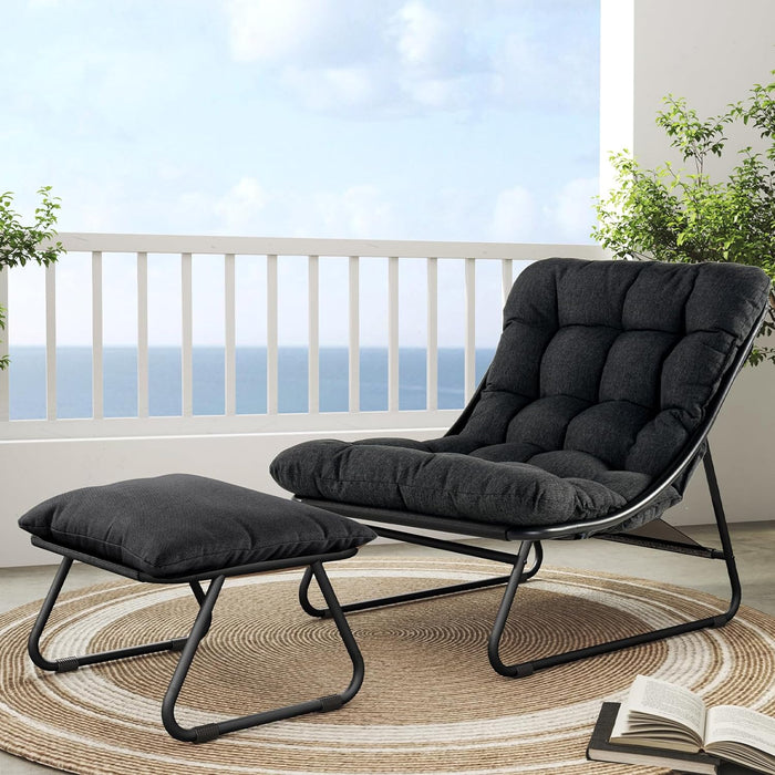 Simenmax Outdoor Rocking Chair with Ottoman, Sling Recliner Chair with Puffy Cushion and Foot Stool, Modern Patio Lounge Set for Porch Deck Garden, Dark Gray