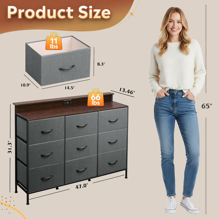 Bigleap LED TV Stand 9-Drawer Dresser Charging Station, Entertainment Center for Bedroom or Living Room, Wood Top Media Console with Fabric Drawers for 45-55 Inch TV, Gray