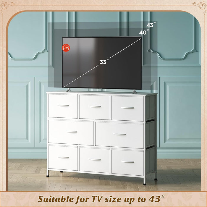 Bigleap TV Stand 8 Drawer Dresser for Bedroom, Large Storage Fabric Dresser with Wood Top, Versatile Chest of Drawers for Living Room, Closet, Entryway,White
