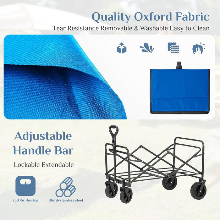 Bigleap 30IN Wagon, Wagons Carts Foldable with All-Terrain Wheels, Portable Shopping Cart Large Capacity Utility Cart with Drink Holders, Heavy Duty Collapsible Wagon,Blue