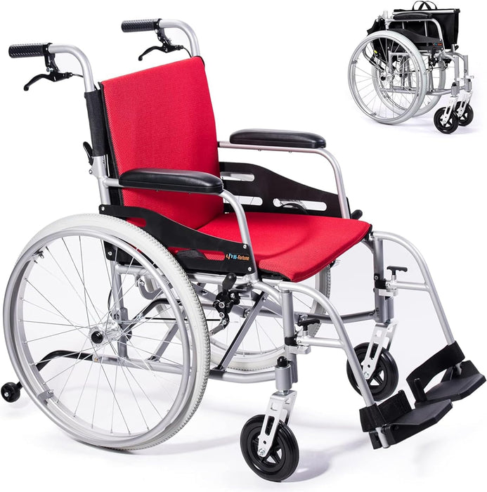 Hi-Fortune Lightweight Wheelchair, 21lbs Self propelled Chair with Travel Bag and Cushion, Portable and Folding, Park & Brake Anti Tipper, Swing Away Footrests, Red