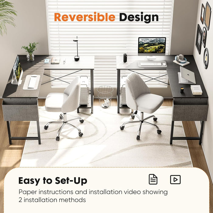 Bigleap L Shaped Computer Desk - Gaming Table Corner Desk 50 Inch PC White Writing Desk Study Desks with Wooden Desktop CPU Stand Side Bag Reversible for Home Office Room Small Space, Brown