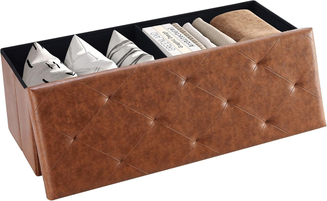Simenmax Versatile Ottoman Storage Bench, 43" Wide Folding Footrest Stool, PVC Fabric Chest for Living Room, Bedroom, Entryway,Brown