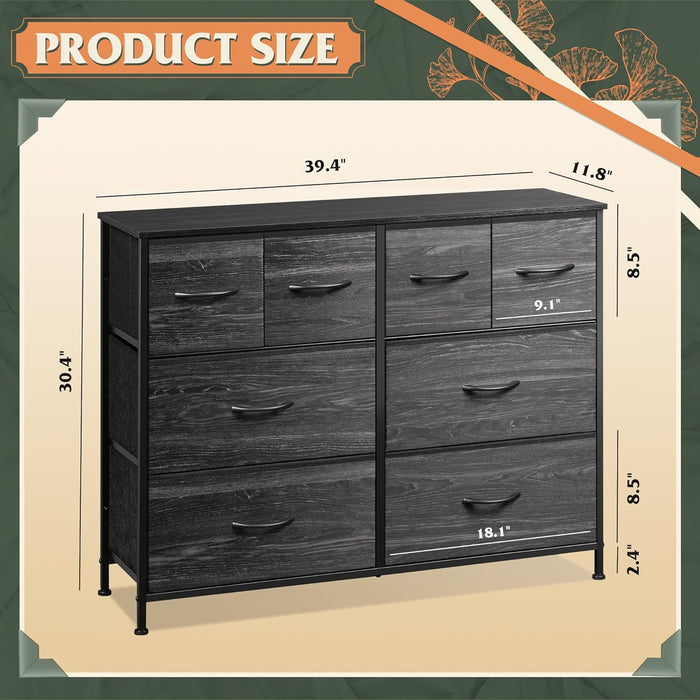 Bigleap 8-Drawer Wide Dresser for Bedroom, Large Fabric Storage Tower for Living Room, Closet & Entryway Organization,Black Wood