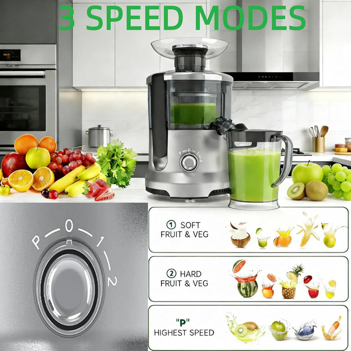 Simenmax 500W Centrifugal Juicer Machine, 3-Speed Electric Juicer Quick Juicing for Whole Fruits & Vegetables, Easy-Clean, Silver