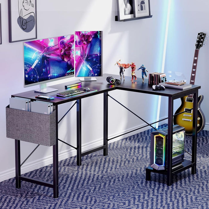 Bigleap L Shaped Computer Desk - Gaming Table Corner Desk 50 Inch PC White Writing Desk Study Desks with Wooden Desktop CPU Stand Side Bag Reversible for Home Office Room Small Space, Gray