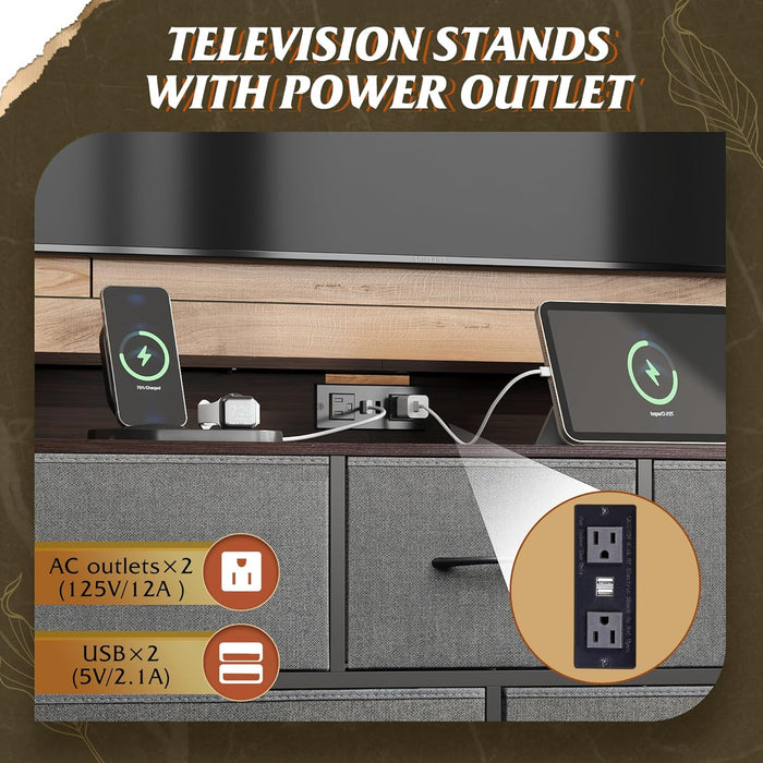 Bigleap LED TV Stand 8-Drawer Dresser with Charging Station, Fabric Chest of Drawers for Bedroom, Living Room, Hallway & Entryway, Gray