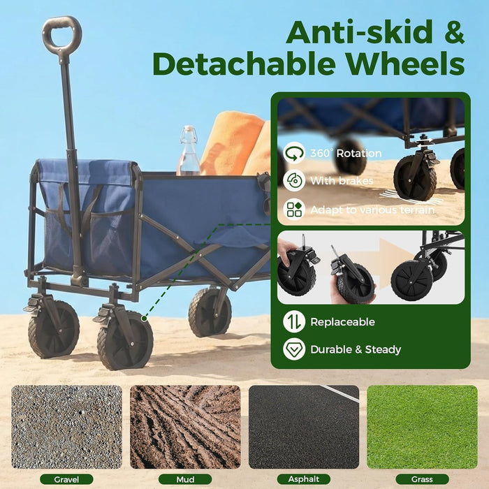 Foldable Wagon Cart, with All-terrain Wheels, Collapsible Wagon Utility Cart for Grocery Shopping, Camping, Fishing, Travel, Beach, Heavy Duty