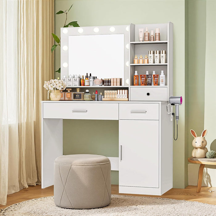 Simenmax Vanity with Mirror and 11 LED Lights, Makeup Vanity Desk with 3 Drawer, 4 Shelves, 1 Cabinet, Dressing Table for Bedroom, White