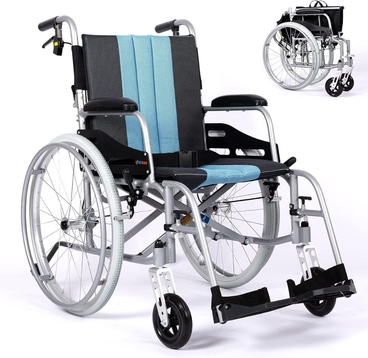 Hi-Fortune Lightweight Wheelchair, 21lbs Self propelled Chair with Travel Bag and Cushion, Portable and Folding, Park & Brake Anti Tipper, Swing Away Footrests, Red