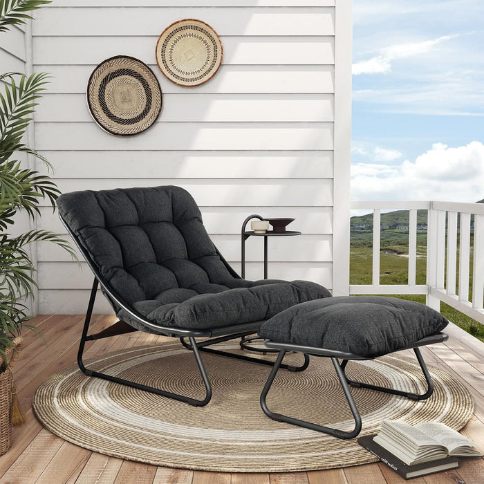Lounge Chair, Outdoor/ Indoor Lounger, Weatherproof Relaxing Deck Chair with FootStool, Soft Cushion, for Garden, Patio, Load Capacity 350lbs, Beige