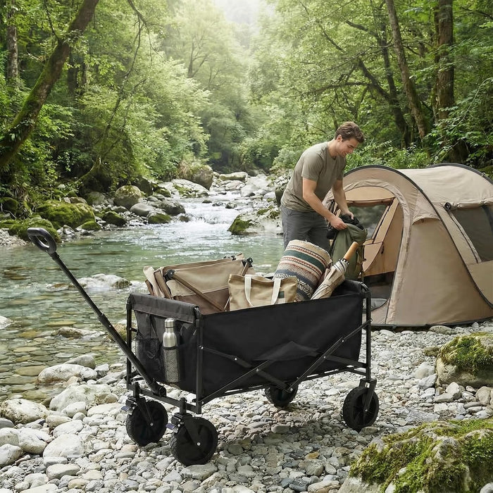 Foldable Wagon Cart, with All-terrain Wheels, Collapsible Wagon Utility Cart for Grocery Shopping, Camping, Fishing, Travel, Beach, Heavy Duty