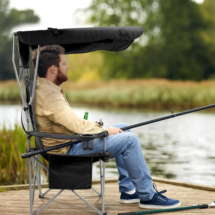 Simenmax Oversized Camping Chair with Sun Canopy - Portable Folding Outdoor Chair with Cup Holders, Side Pocket & Carry Bag, Supports 300 lbs, Black