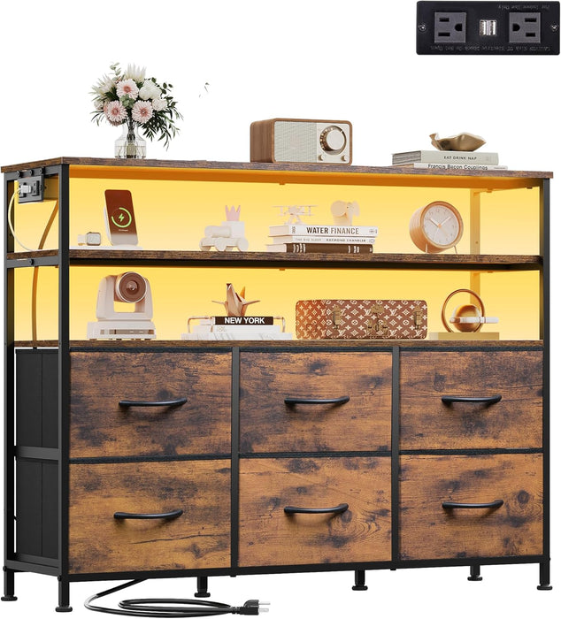 Bigleap TV Stand for 40-45 Inch TVs, 6 Fabric Dresser with RGB LED Lights, Entertainment Center with Charging Station, Brown