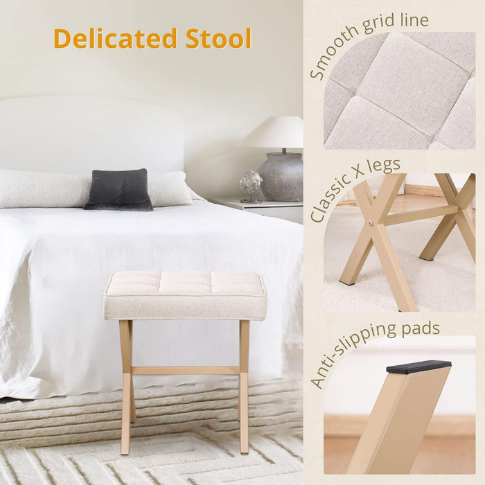 Bigleap Square Ottoman Stool - Beige Linen Footrest, Vanity Stool with Metal Legs, Small Space-Saving Seat for Living Room, Bedroom & Entryway