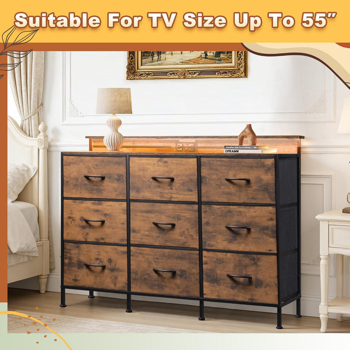 Bigleap LED TV Stand 9-Drawer Dresser Charging Station, Entertainment Center for Bedroom or Living Room, Wood Top Media Console with Fabric Drawers for 45-55 Inch TV, Brown