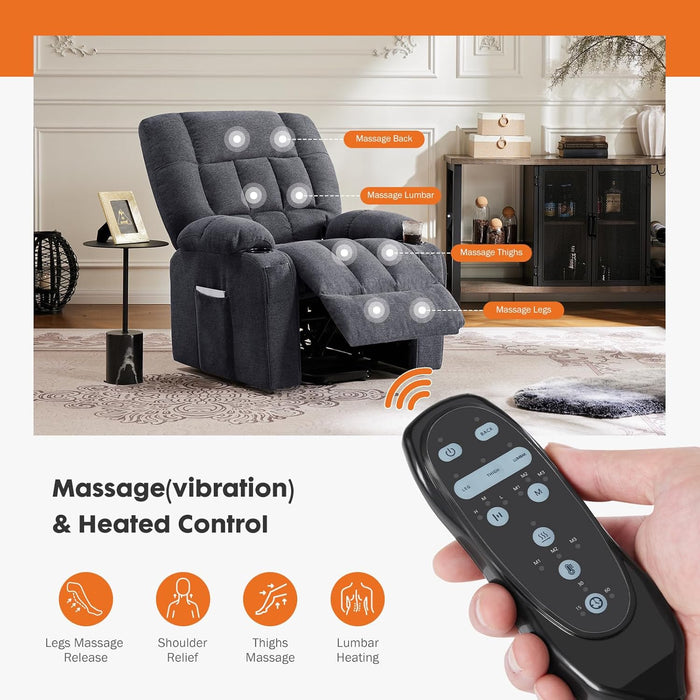 Bigleap Recliner Chair with Massage and Heating, Home Theater Seating with Lumbar Support, Adjustable Electric Power Lift Chairs, Grey