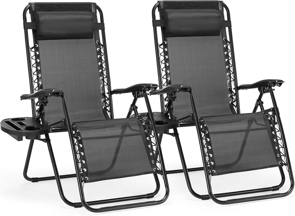 Bigleap Zero Gravity Chairs, Set of 2 Portable Recliner Beach Camping Patio Outdoor Folding Lounge Chair with Cup Holder Trays and Adjustable Pillow for Poolside, Garden, Backyard, Lawn , Black