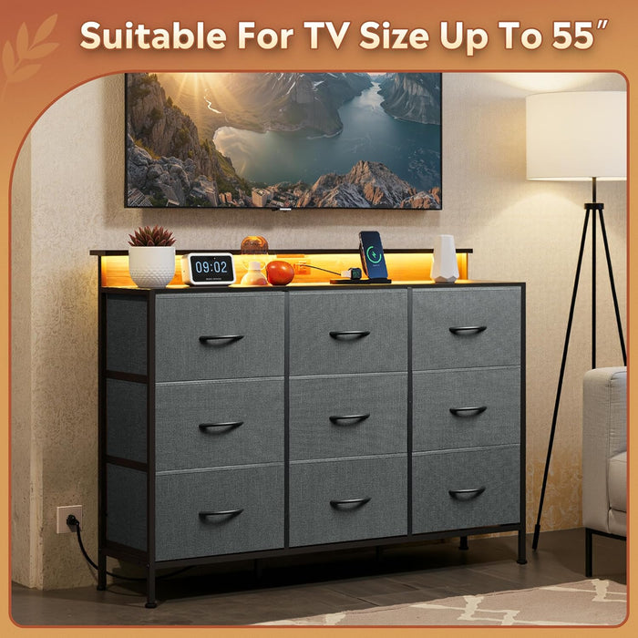 Bigleap LED TV Stand 9-Drawer Dresser Charging Station, Entertainment Center for Bedroom or Living Room, Wood Top Media Console with Fabric Drawers for 45-55 Inch TV, Gray