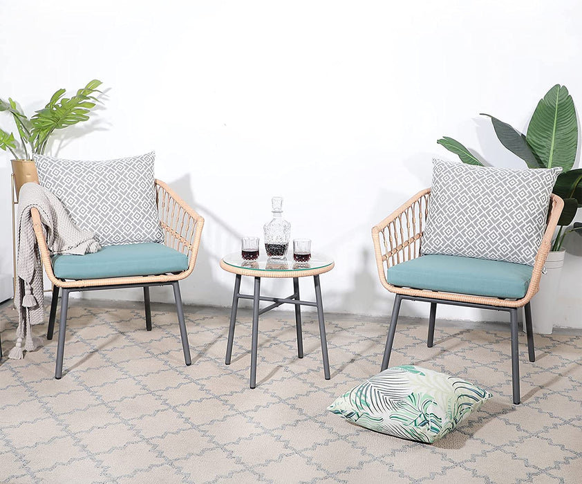 Bigleap 3 Pieces Outdoor Furniture Patio Bistro Set All-Weather Wicker Conversation Set with Tempered Coffee Table, Wicker Chairs, Cushions and 2 Back Pillows for Front Porch Balcony Backyard Deck