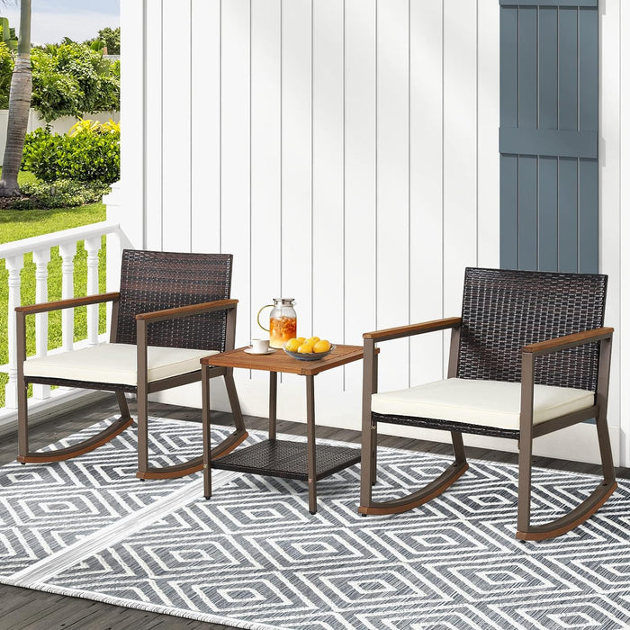 Simenmax 3-Piece Wicker Rocking Chair Outdoor Bistro Set with Beige Cushion, Wood Top Table for Porches and Balcony
