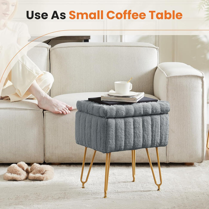 Simenmax Vanity Stool Chair with Storage, Ottoman Faux Fur Soft Padded Makeup Footstools Seat with 4 Metal Legs Anti-Slip Adjustable Feet Modern Cute Small Footrest for Home Entryway Bedroom,Gray