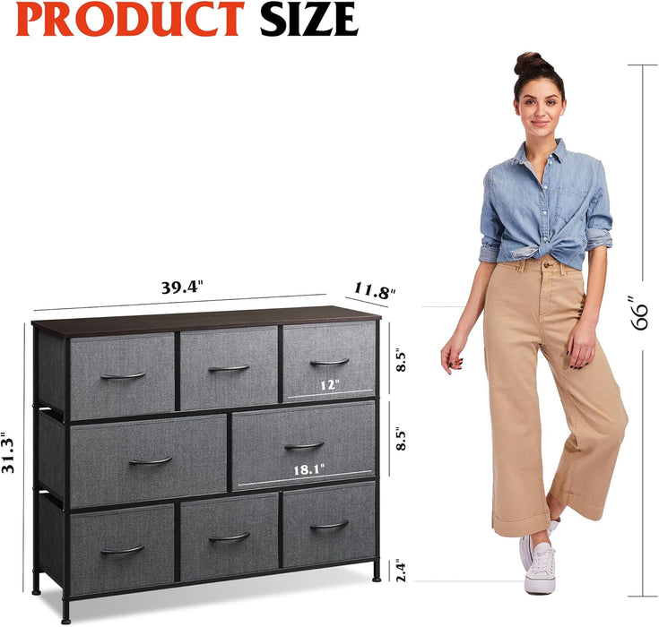 Bigleap TV Stand 8 Drawer Dresser for Bedroom, Large Storage Fabric Dresser with Wood Top, Versatile Chest of Drawers for Living Room, Closet, Entryway,Gray