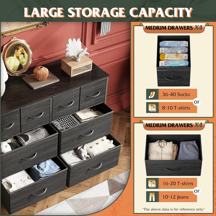 Bigleap 8-Drawer Wide Dresser for Bedroom, Large Fabric Storage Tower for Living Room, Closet & Entryway Organization,Black Wood
