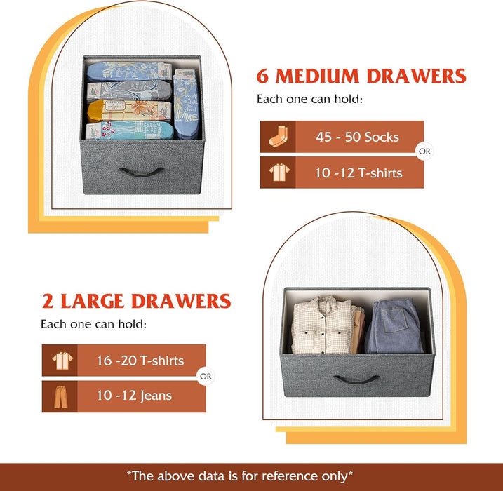 Bigleap TV Stand 8 Drawer Dresser for Bedroom, Large Storage Fabric Dresser with Wood Top, Versatile Chest of Drawers for Living Room, Closet, Entryway,Gray