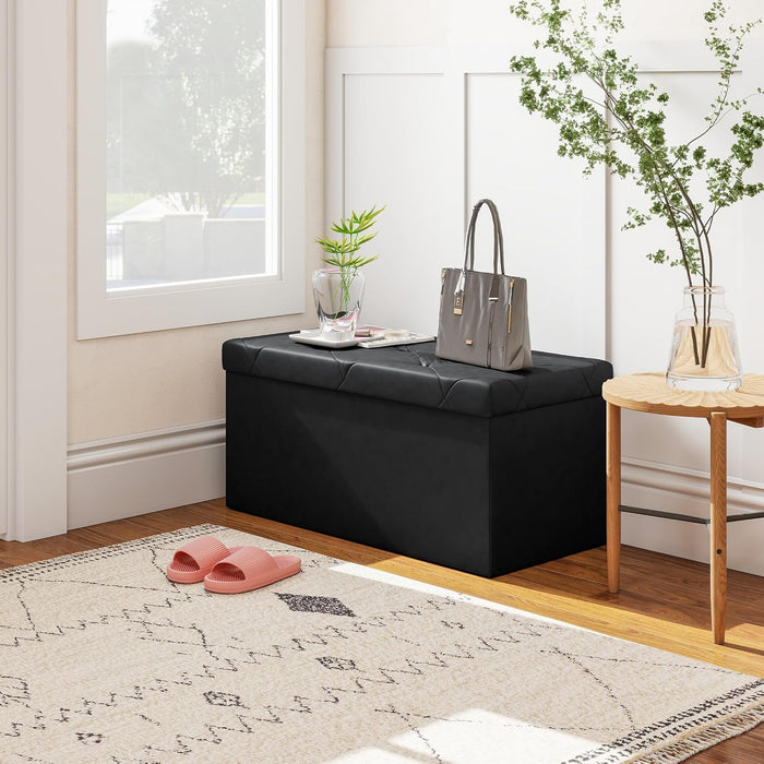 Simenmax Versatile Ottoman Storage Bench, 30" Wide Folding Footrest Stool, PVC Fabric Chest for Living Room, Bedroom, Entryway,Black