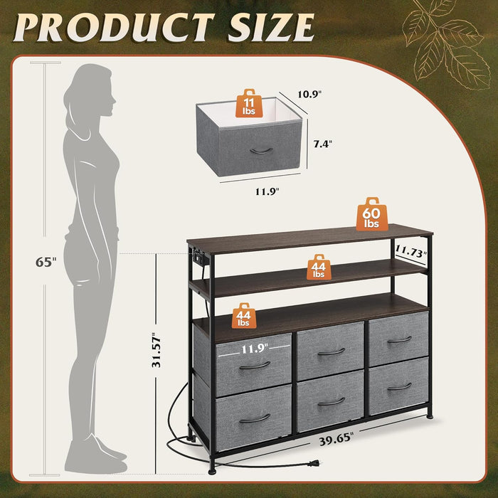 Bigleap TV Stand for 40-45 Inch TVs, 6 Fabric Dresser with RGB LED Lights, Entertainment Center with Charging Station, Gray