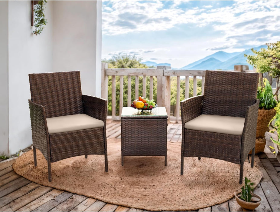 Patio Furniture Set 3 Pieces All-Weather Rattan Outdoor Furniture Patio Chairs with Tempered Glass Table for Porch Bistro Balcony,Beige