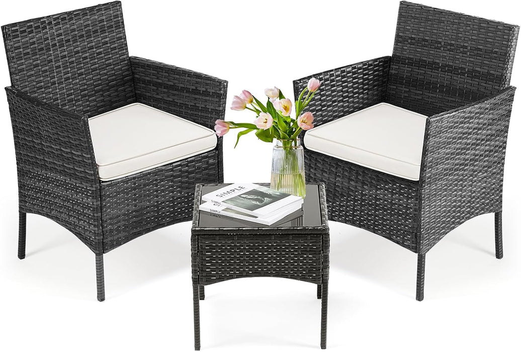 Simenmax Patio Furniture Set 3 Pieces, Outdoor Wicker Furniture with Coffee Table, Modern Rattan Patio Chairs Conversation Sets with Sofa for Garden, Terrace, Porch, Balconies, Lawns, Black