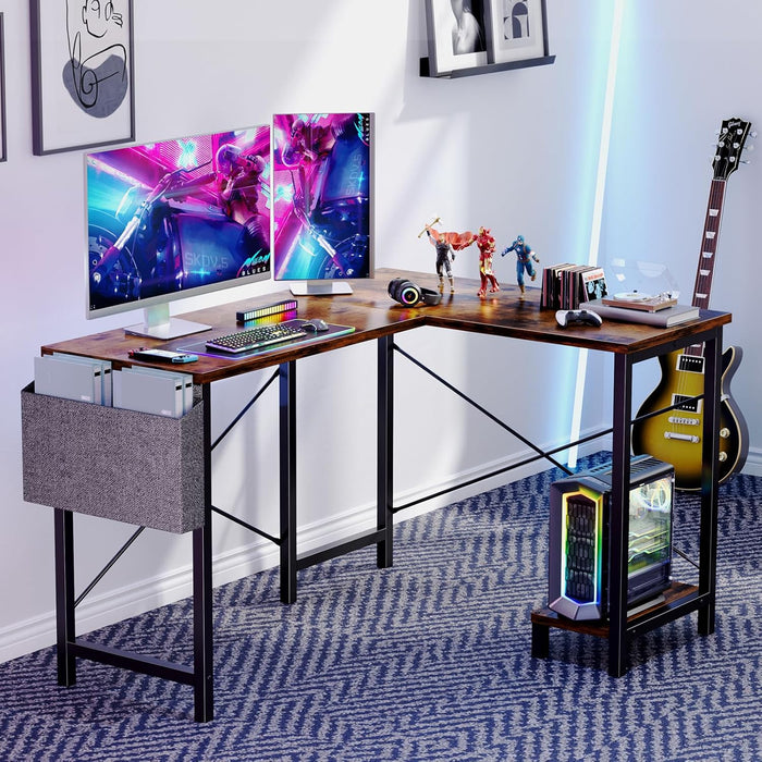 Bigleap L Shaped Computer Desk - Gaming Table Corner Desk 50 Inch PC White Writing Desk Study Desks with Wooden Desktop CPU Stand Side Bag Reversible for Home Office Room Small Space, Brown